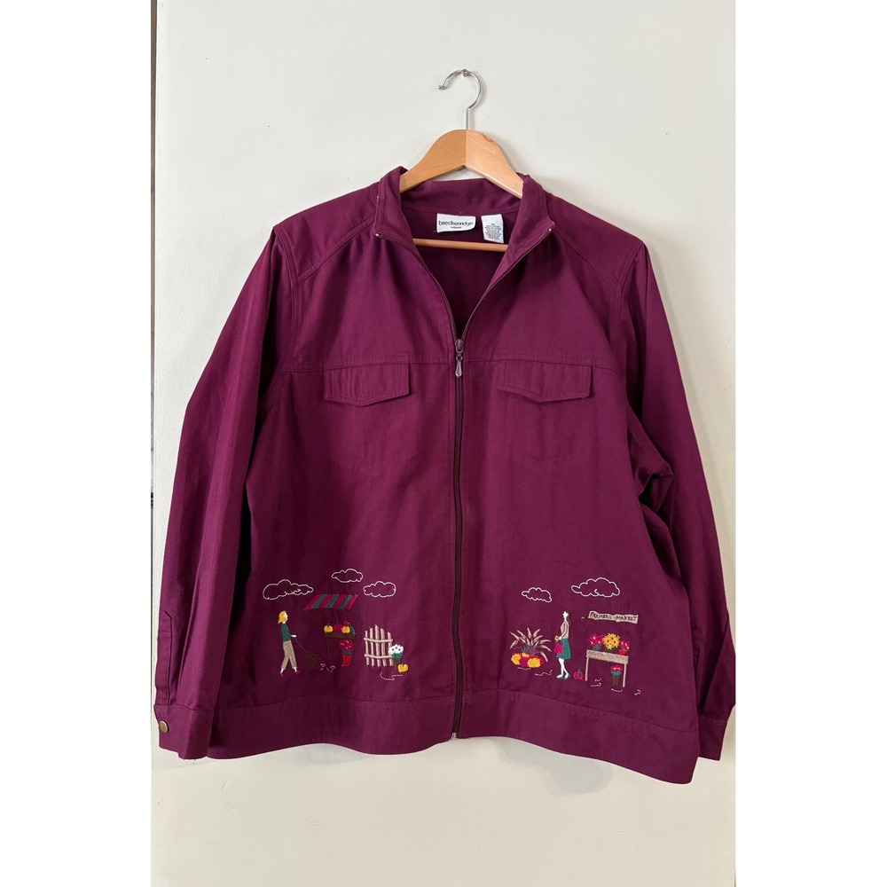 Breckenridge Women's 2X Maroon Farmers Market Embroidered Zip Up Vintage Cottage